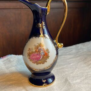 Limoges Castel France porcelain pitcher vase 5.5” colbalt glaze Fargo’s Scene.